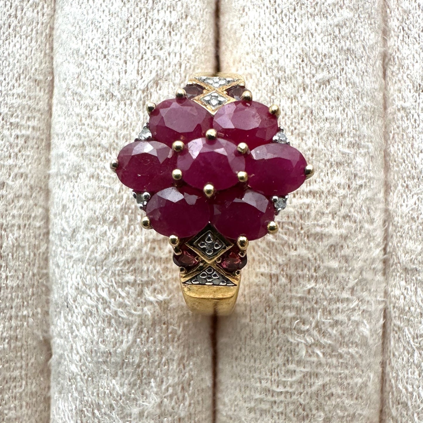 Ruby Diamond Cluster Ring Gold Plated Sterling Silver Size 8 Signed BBJ