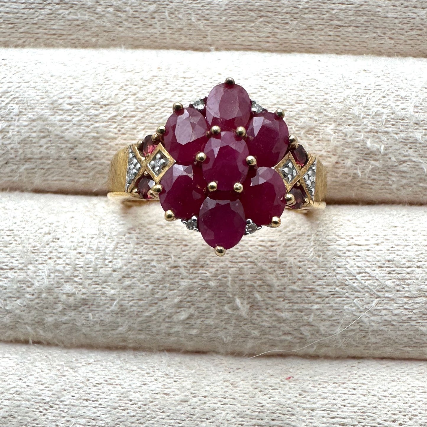 Ruby Diamond Cluster Ring Gold Plated Sterling Silver Size 8 Signed BBJ