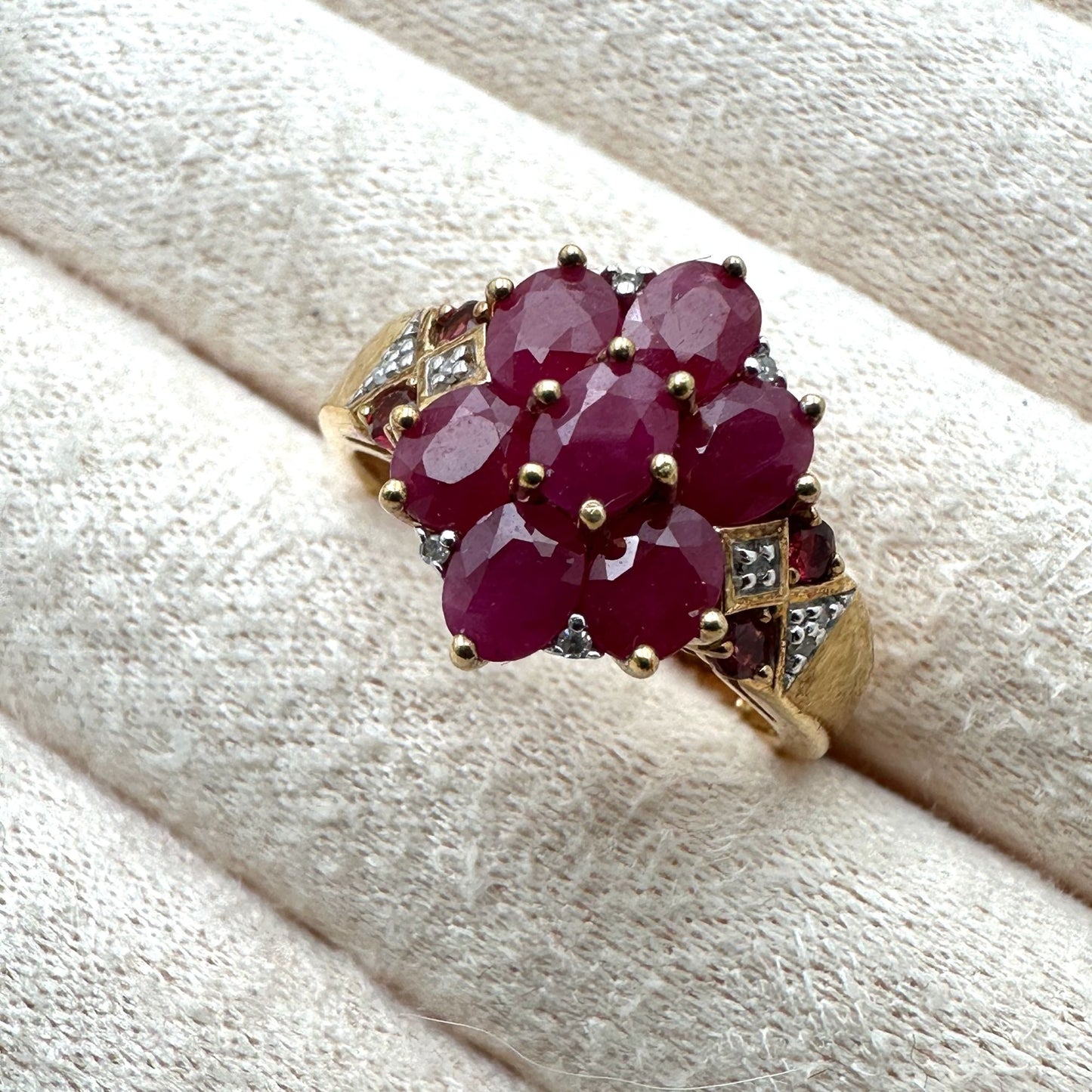Ruby Diamond Cluster Ring Gold Plated Sterling Silver Size 8 Signed BBJ