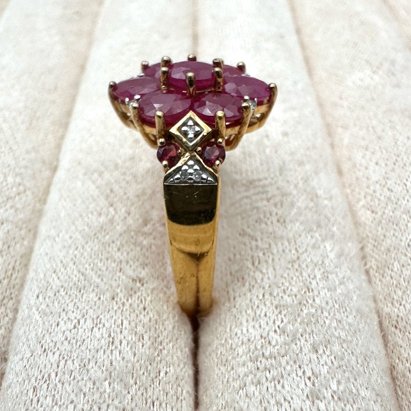Ruby Diamond Cluster Ring Gold Plated Sterling Silver Size 8 Signed BBJ