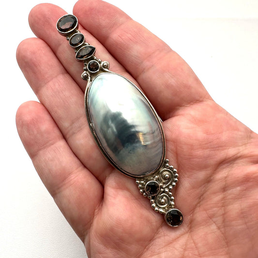 Mabe Pearl Multi Gemstone Sterling Silver Pendant 3.75 Inch