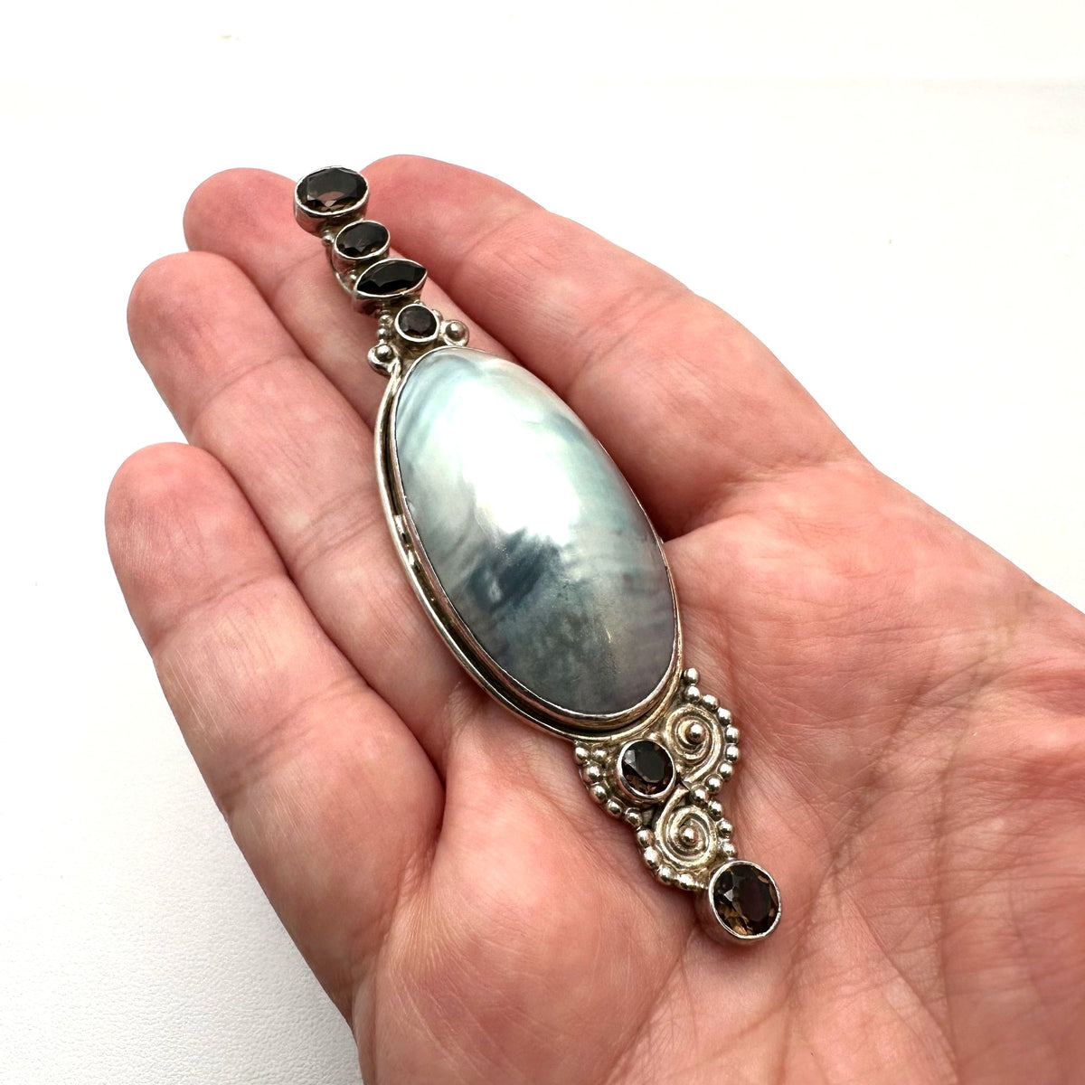 Mabe Pearl Multi Gemstone Sterling Silver Pendant 3.75 Inch