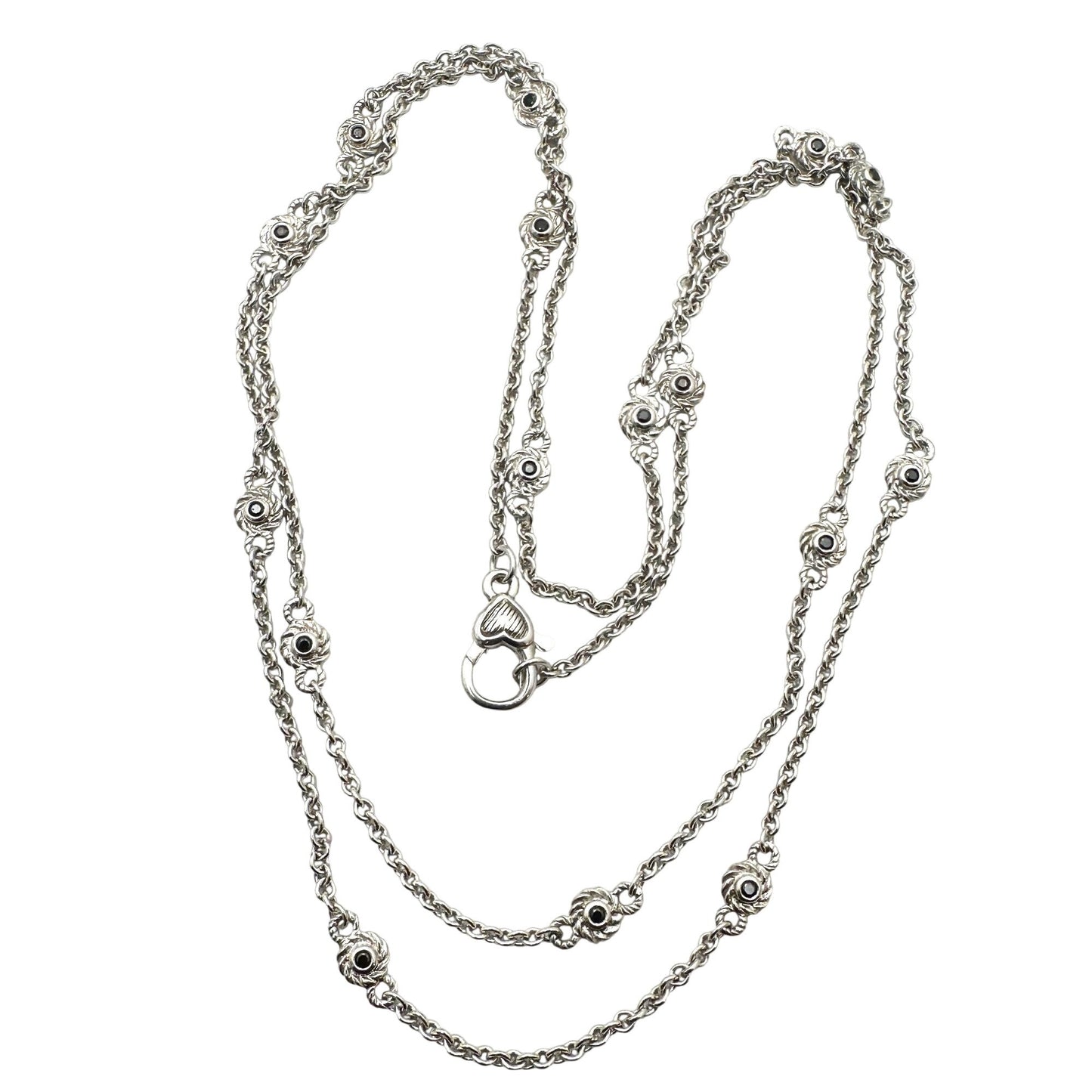 Judith Ripka Necklace Sterling Silver Black Spinel Station Chain 34 Inch