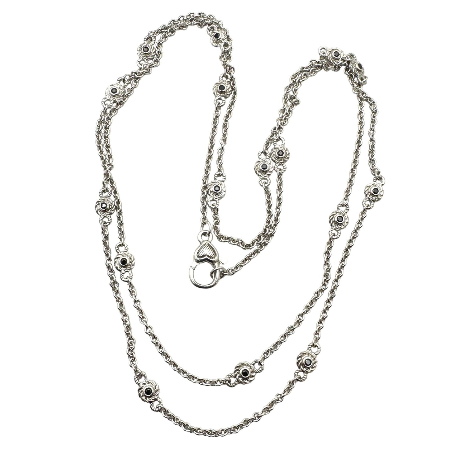 Judith Ripka Necklace Sterling Silver Black Spinel Station Chain 34 Inch
