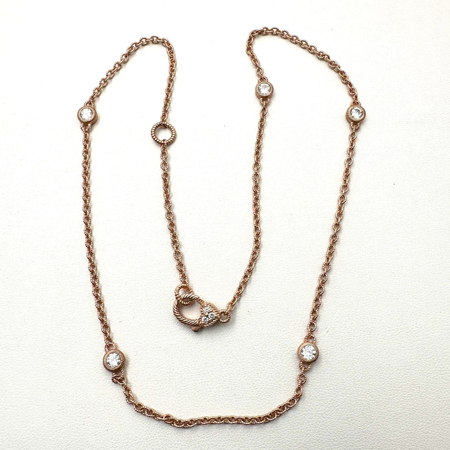 Judith Ripka Necklace Sterling Silver Rose Gold Plated CZ Station Chain 19 Inch