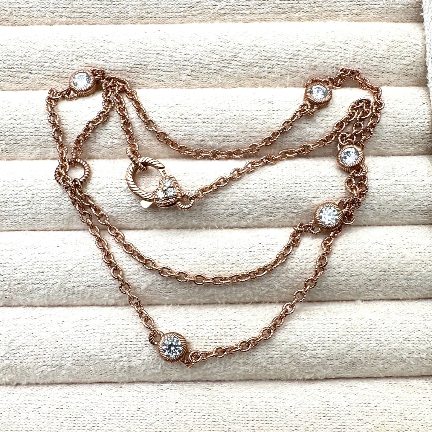 Judith Ripka Necklace Sterling Silver Rose Gold Plated CZ Station Chain 19 Inch