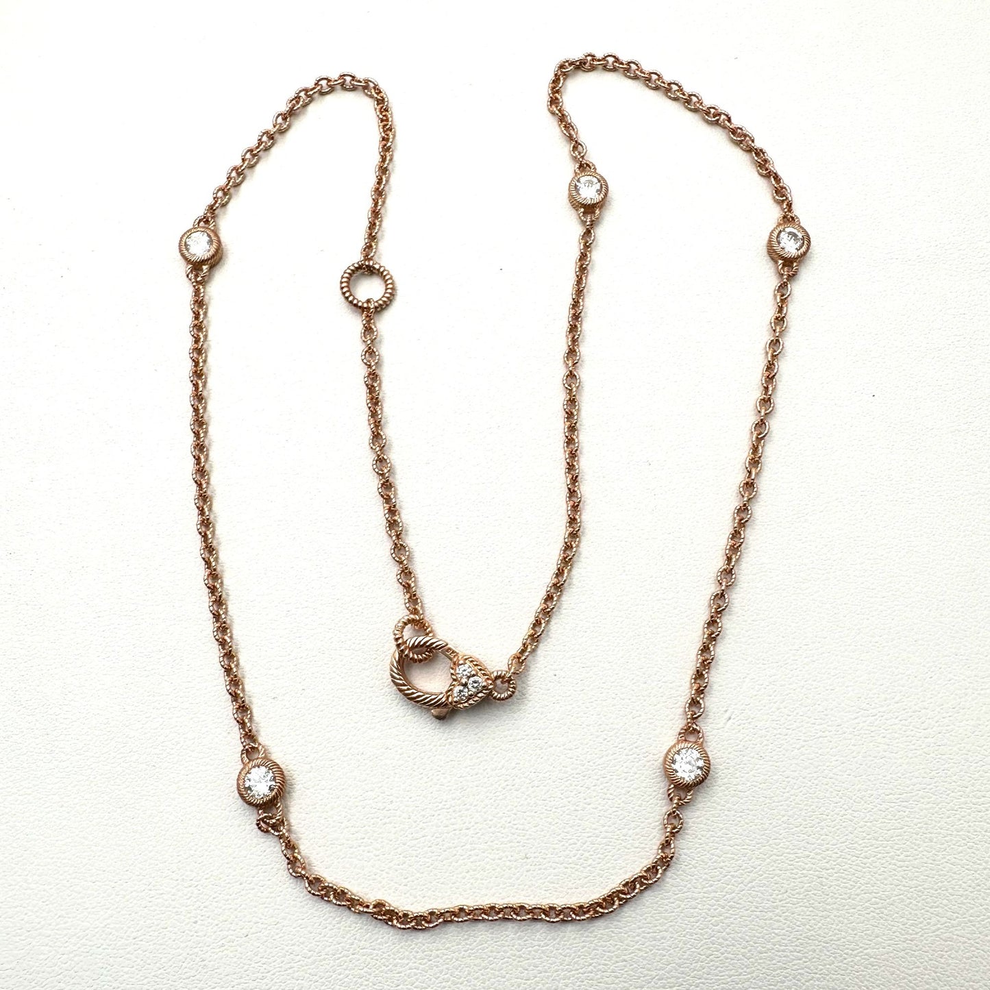 Judith Ripka Necklace Sterling Silver Rose Gold Plated CZ Station Chain 19 Inch