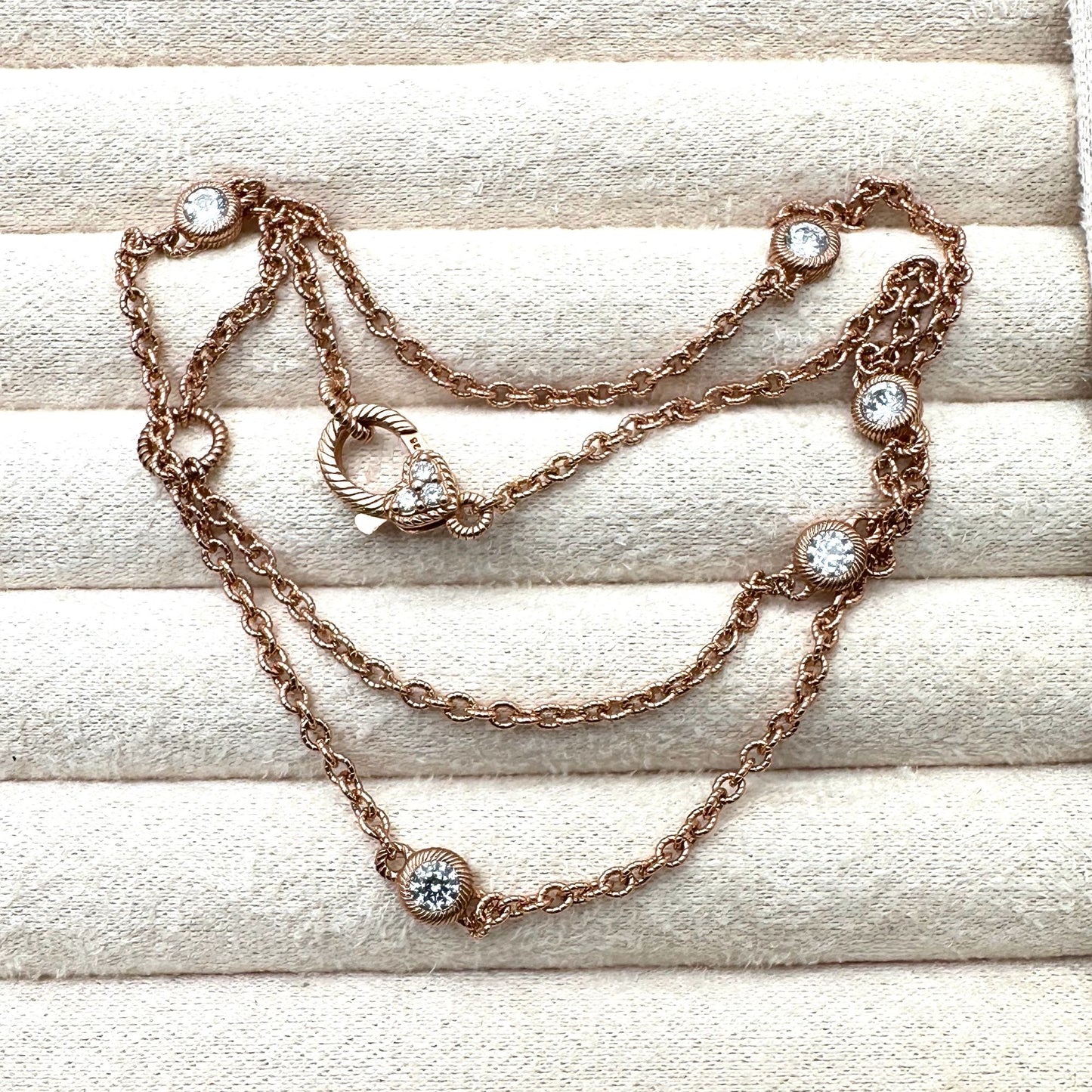 Judith Ripka Necklace Sterling Silver Rose Gold Plated CZ Station Chain 19 Inch