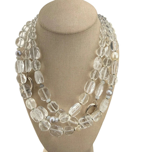 SILPADA Necklace Three Strand Sterling Silver Clear Quartz Pearl N1789