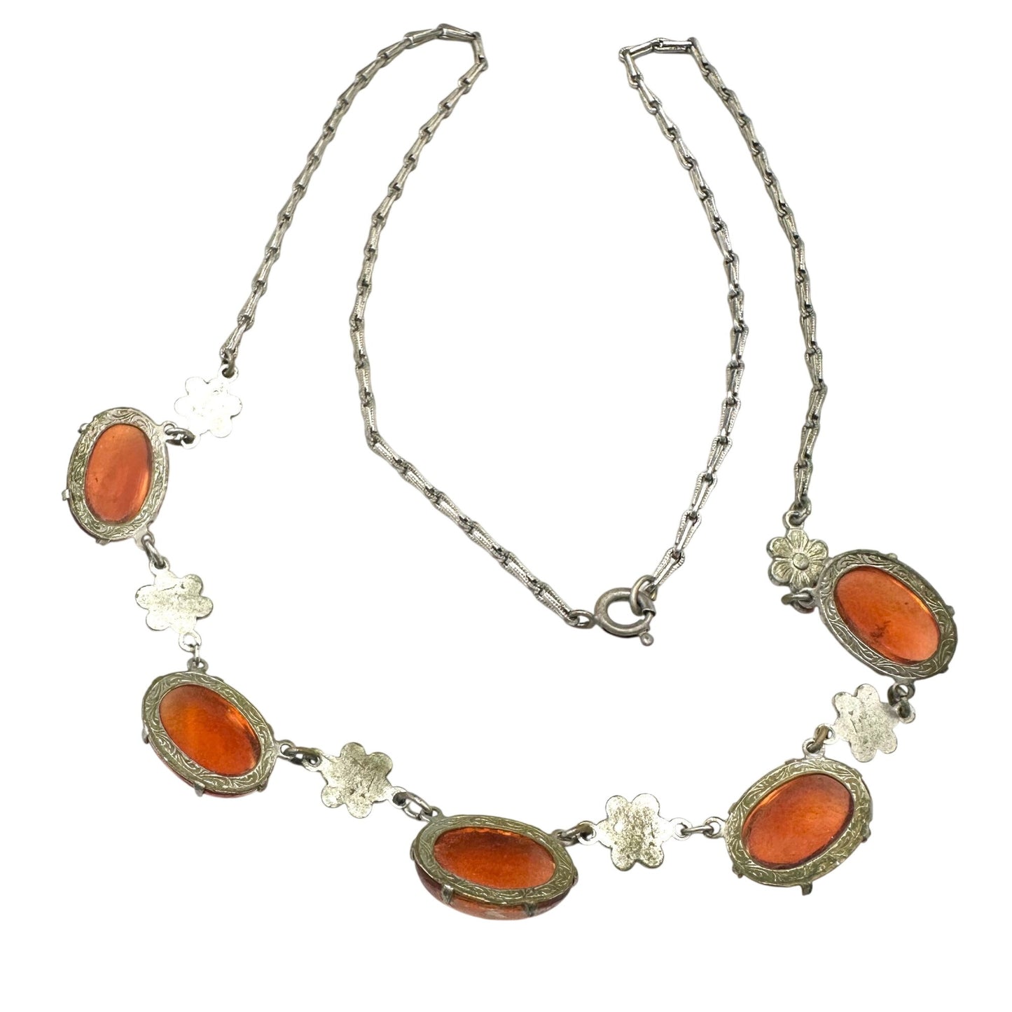 Antique Art Deco Dragons Breath Glass Sterling Silver Necklace 18 Inch Rare