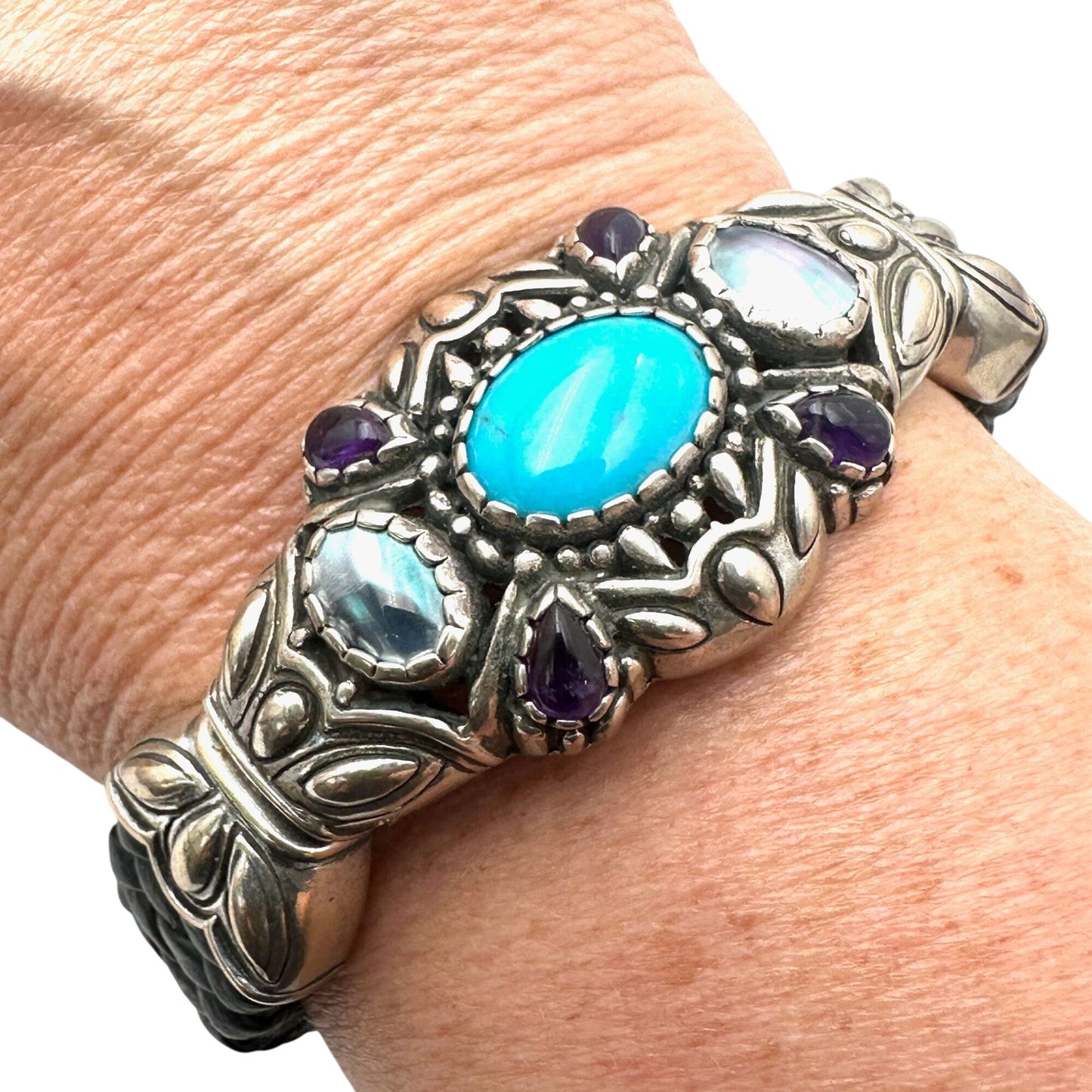 Carolyn Pollack Bracelet Turquoise Amethyst Pearl Sterling Silver Leather Cuff