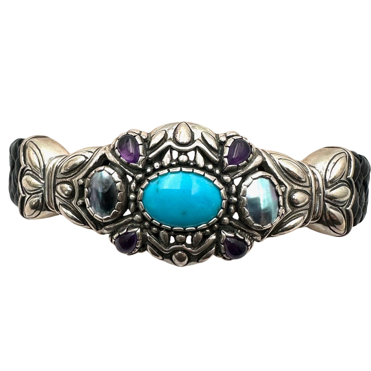 Carolyn Pollack Bracelet Turquoise Amethyst Pearl Sterling Silver Leather Cuff