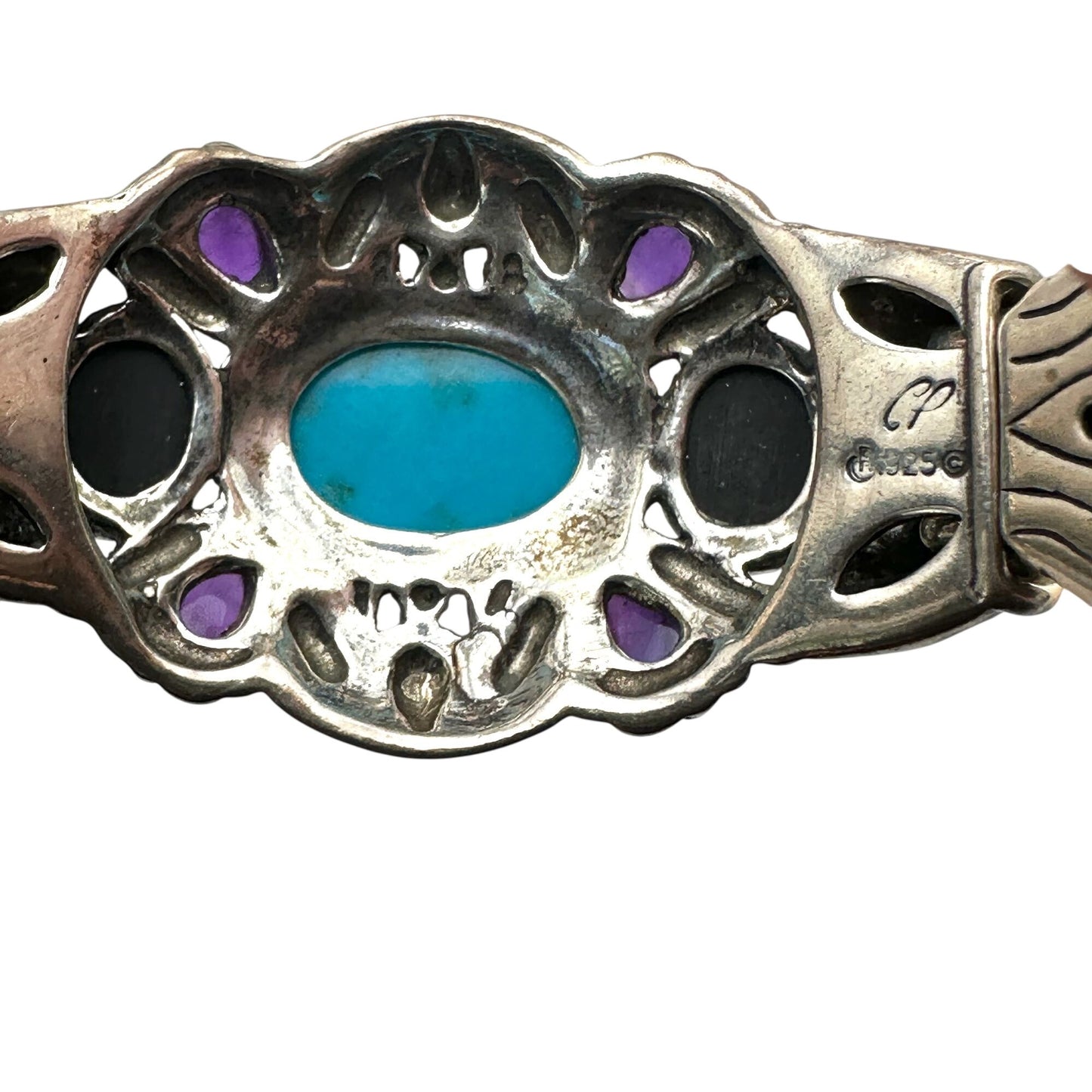Carolyn Pollack Bracelet Turquoise Amethyst Pearl Sterling Silver Leather Cuff