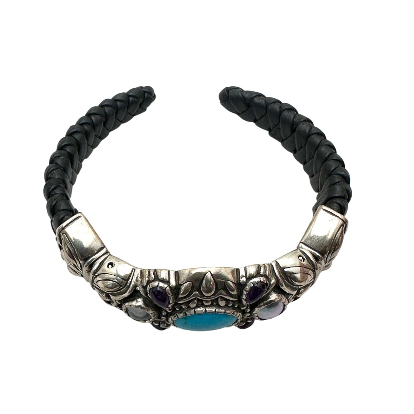 Carolyn Pollack Bracelet Turquoise Amethyst Pearl Sterling Silver Leather Cuff