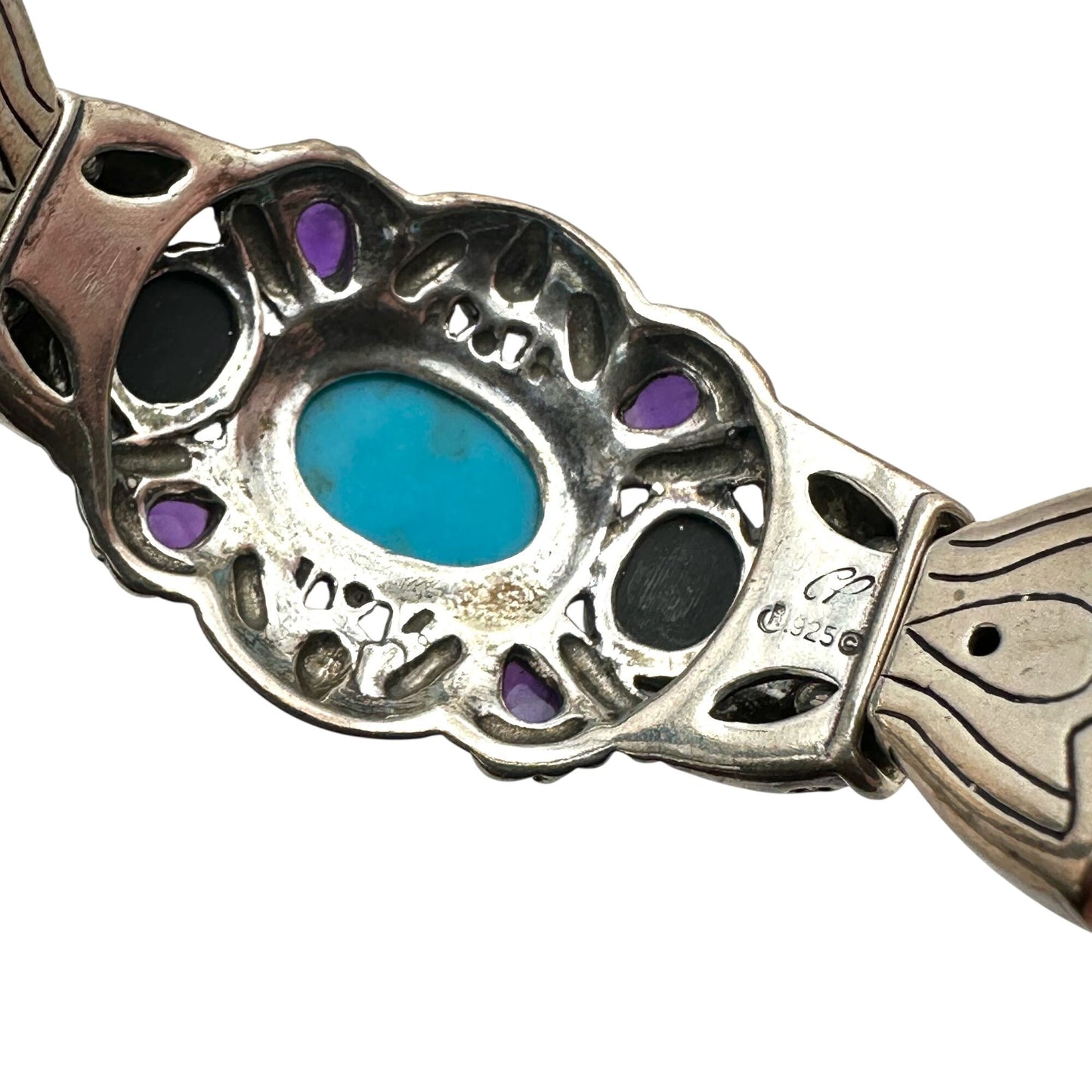 Carolyn Pollack Bracelet Turquoise Amethyst Pearl Sterling Silver Leather Cuff