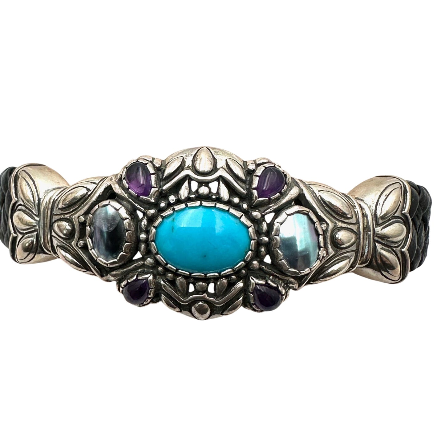 Carolyn Pollack Bracelet Turquoise Amethyst Pearl Sterling Silver Leather Cuff
