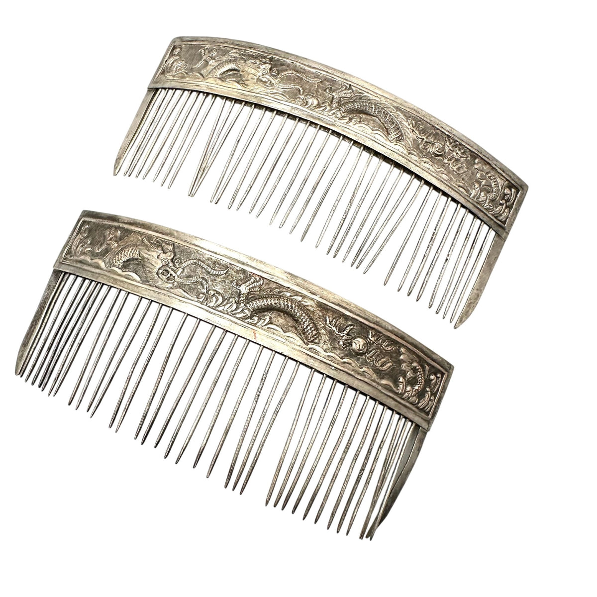 Antique Chinese Silver Ornate Dragon Repousse Hair Combs Late 1800s