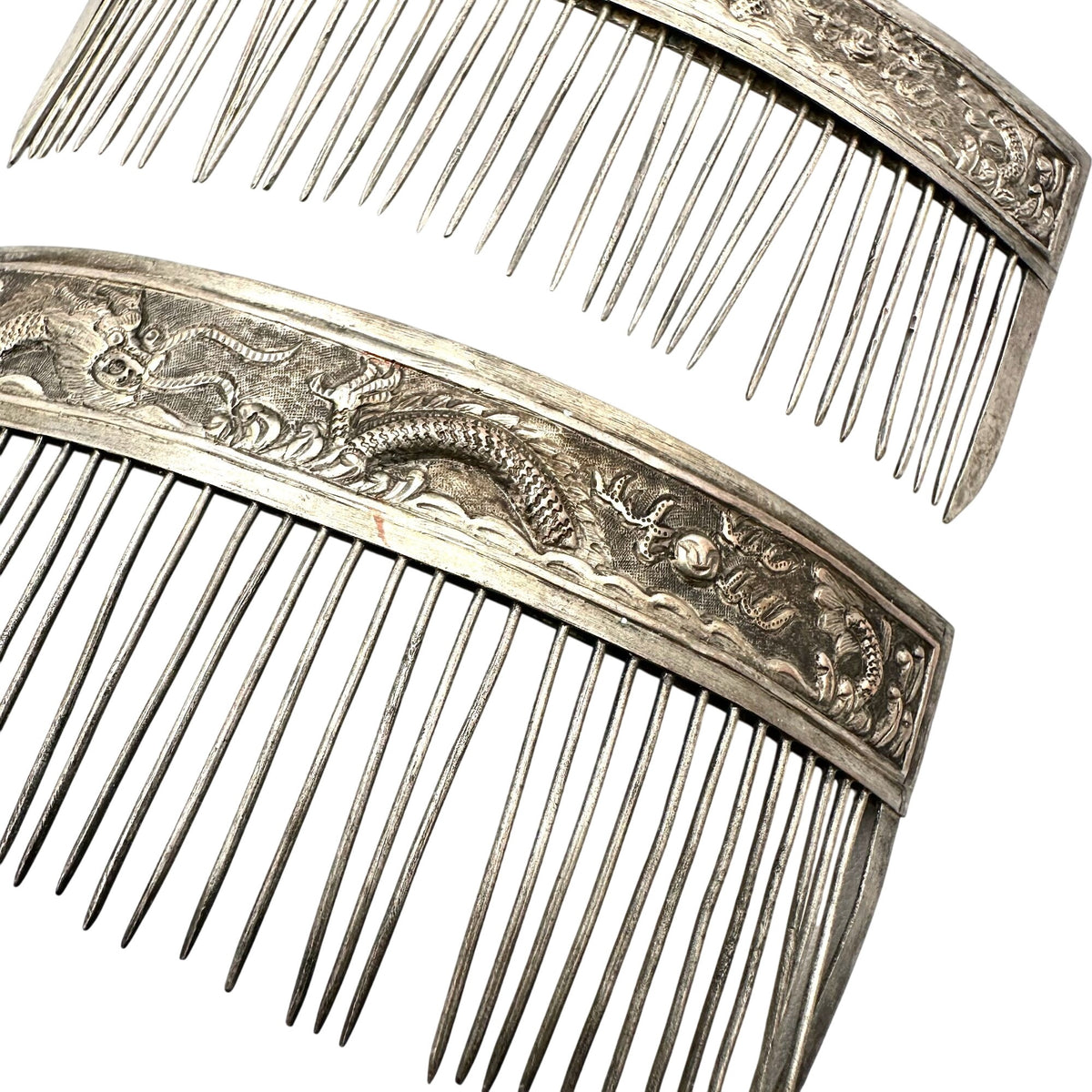 Antique Chinese Silver Ornate Dragon Repousse Hair Combs Late 1800s