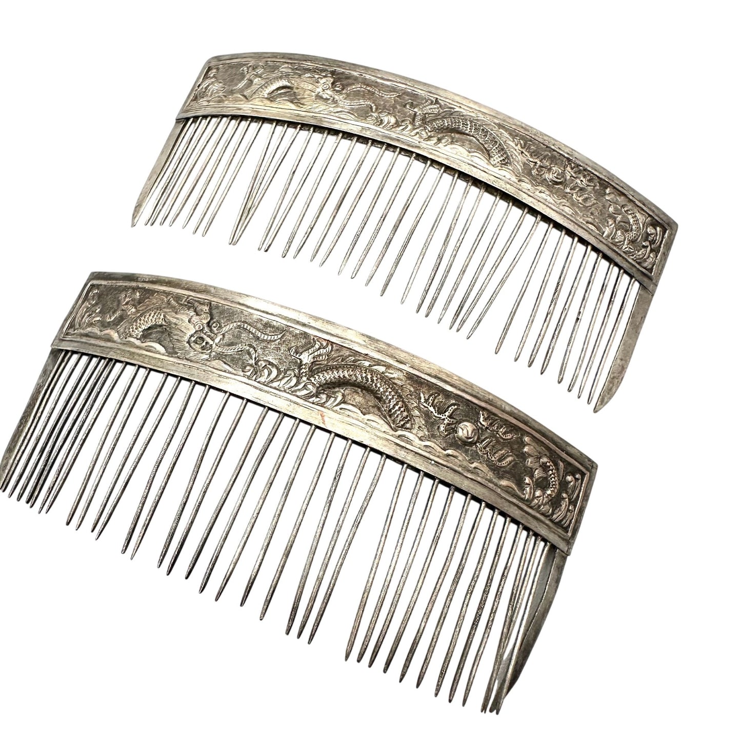 Antique Chinese Silver Ornate Dragon Repousse Hair Combs Late 1800s