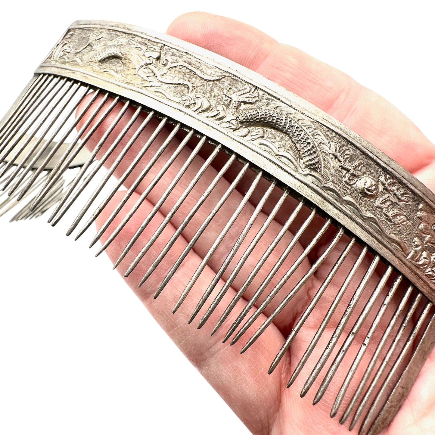 Antique Chinese Silver Ornate Dragon Repousse Hair Combs Late 1800s
