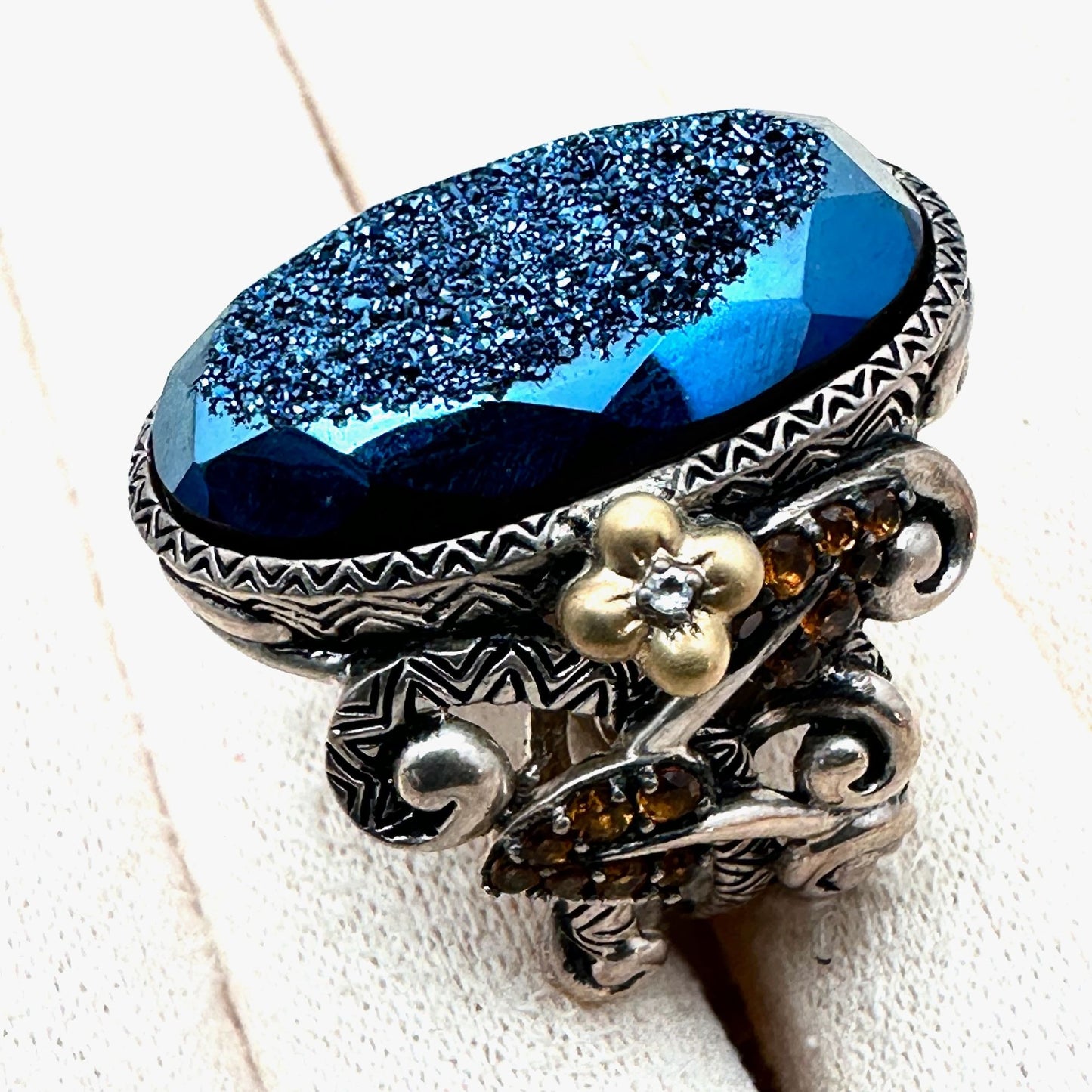 Barbara Bixby Ring Sterling Silver 18K Gold Size 7 Blue Druzy Quartz