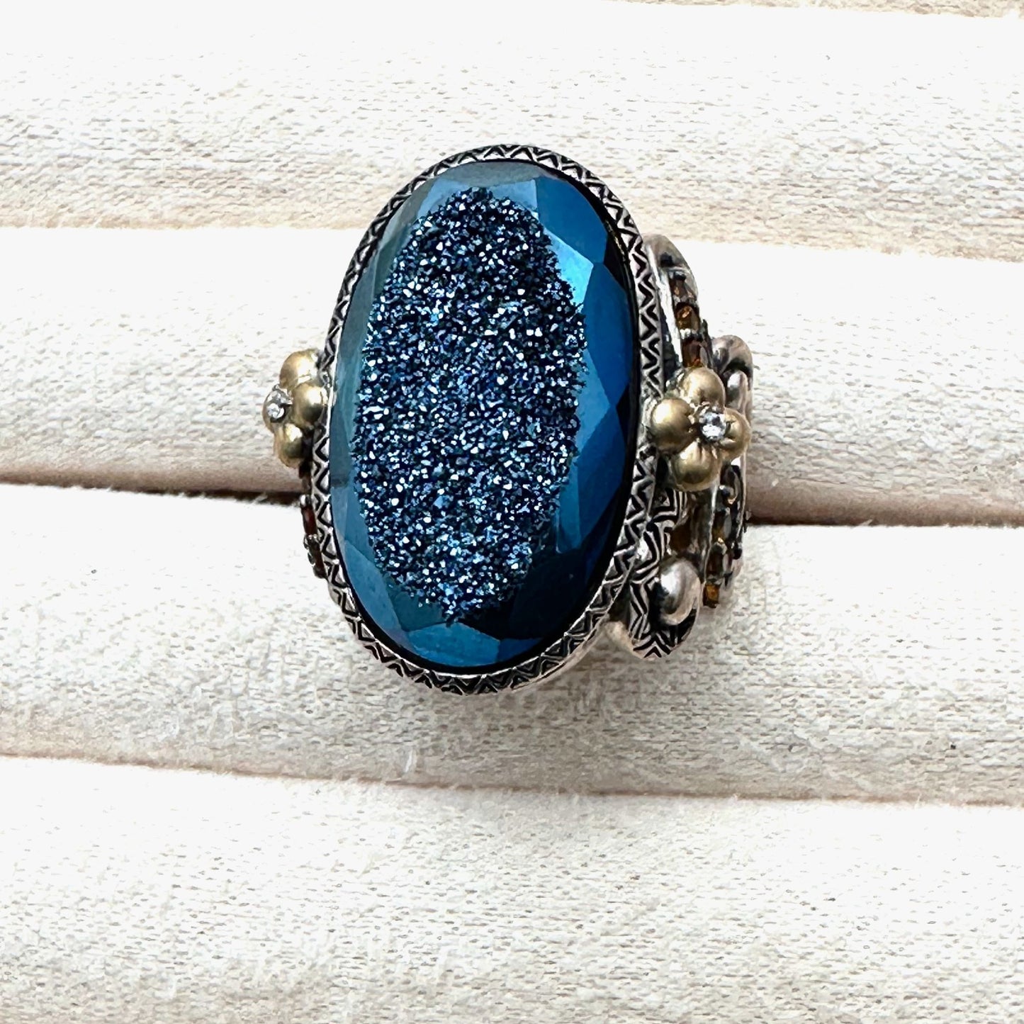 Barbara Bixby Ring Sterling Silver 18K Gold Size 7 Blue Druzy Quartz