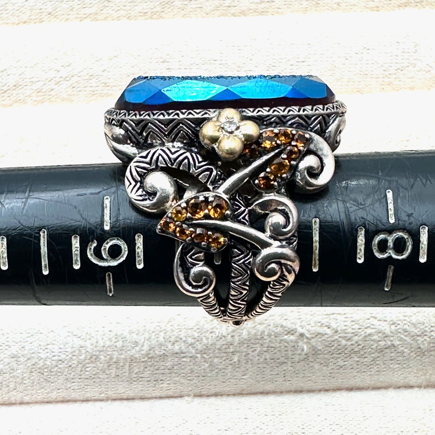Barbara Bixby Ring Sterling Silver 18K Gold Size 7 Blue Druzy Quartz