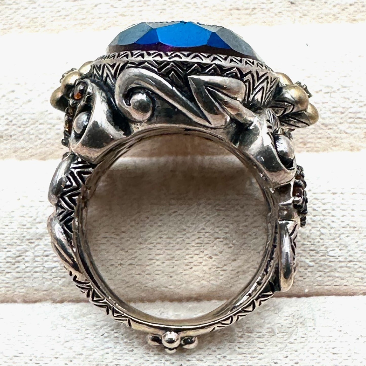 Barbara Bixby Ring Sterling Silver 18K Gold Size 7 Blue Druzy Quartz