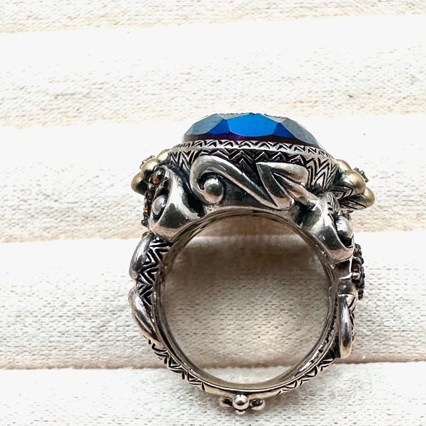 Barbara Bixby Ring Sterling Silver 18K Gold Size 7 Blue Druzy Quartz
