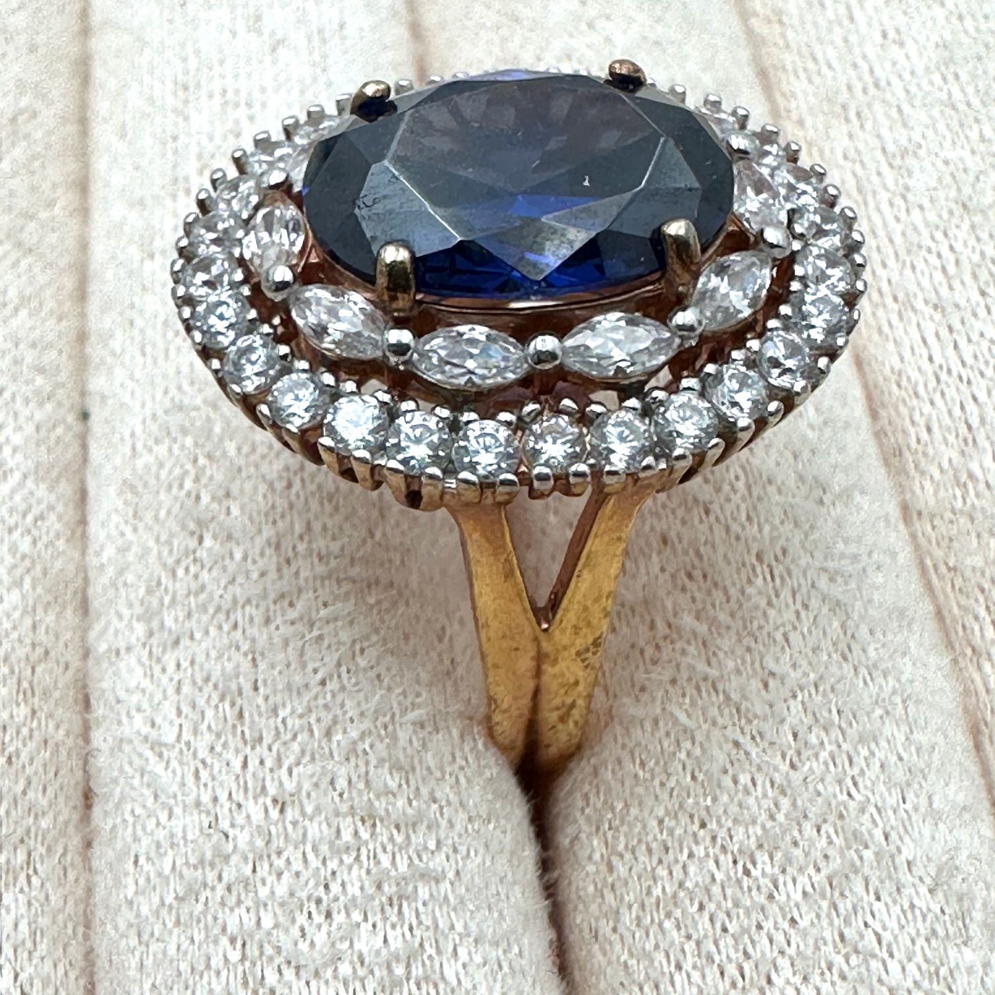 Blue Spinel Ring Oval Cut Halo Statement Gold Plated Sterling Silver Size 8