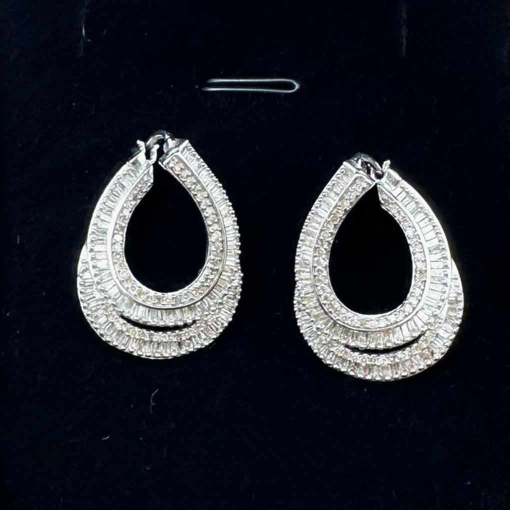 Baguette Diamond Sterling Silver Pierced Earrings 1 Inch Elongated Hoops