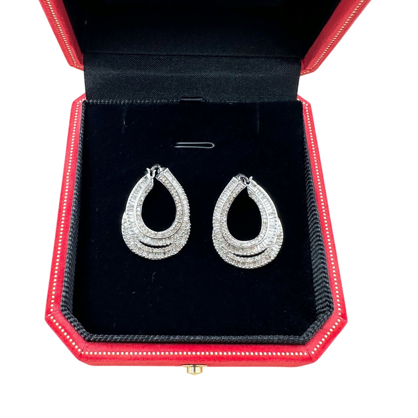 Baguette Diamond Sterling Silver Pierced Earrings 1 Inch Elongated Hoops