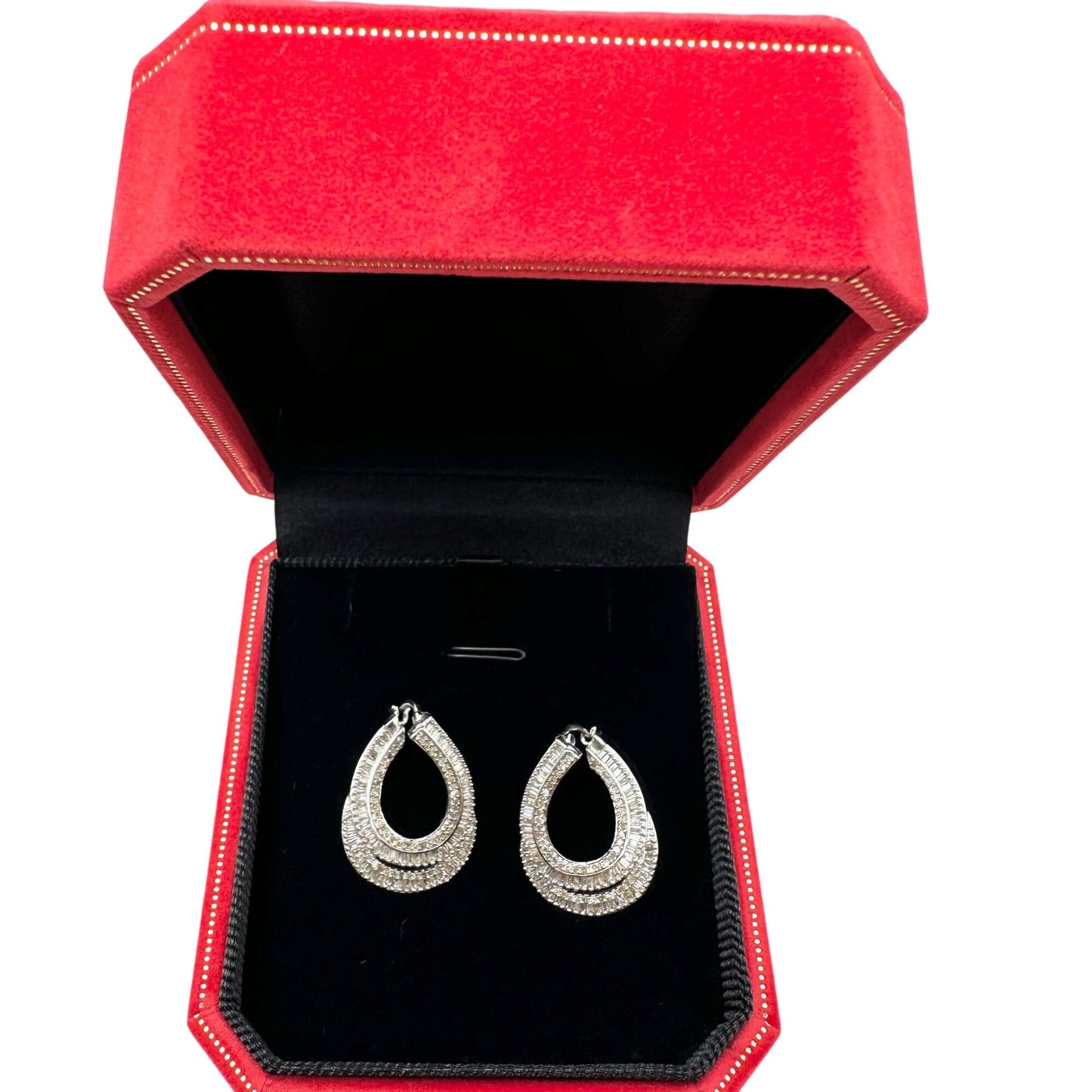 Baguette Diamond Sterling Silver Pierced Earrings 1 Inch Elongated Hoops