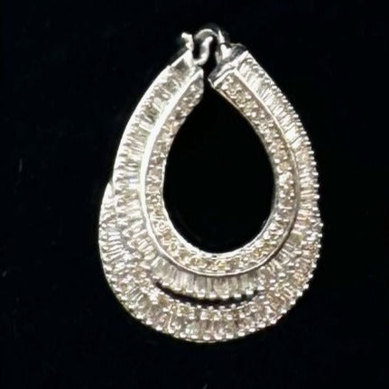 Baguette Diamond Sterling Silver Pierced Earrings 1 Inch Elongated Hoops