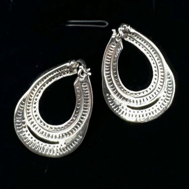 Baguette Diamond Sterling Silver Pierced Earrings 1 Inch Elongated Hoops