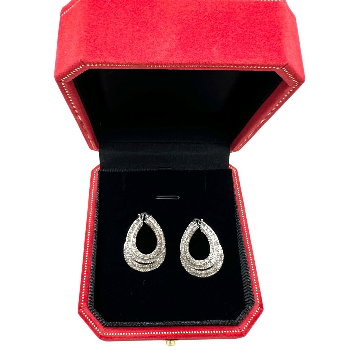Baguette Diamond Sterling Silver Pierced Earrings 1 Inch Elongated Hoops