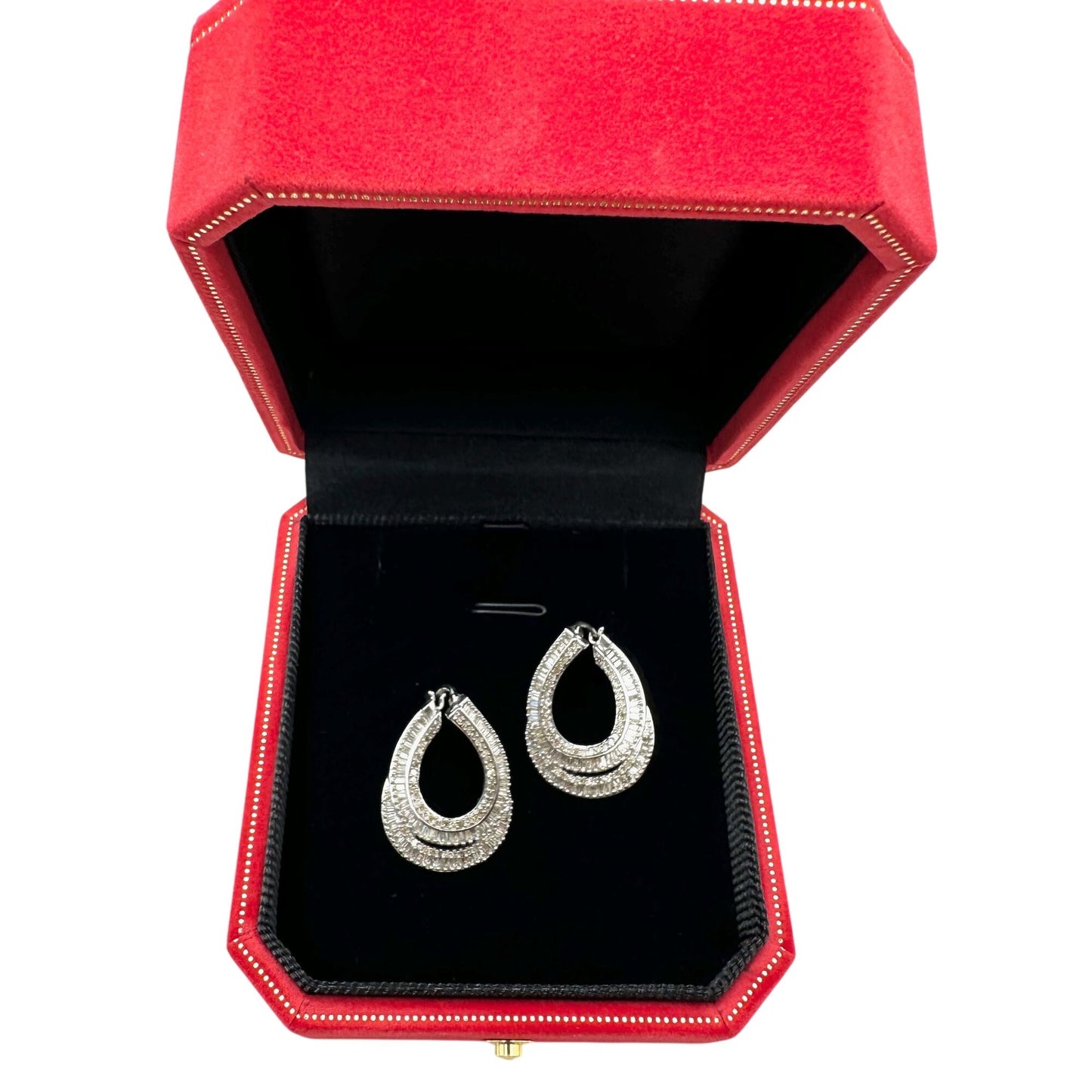 Baguette Diamond Sterling Silver Pierced Earrings 1 Inch Elongated Hoops
