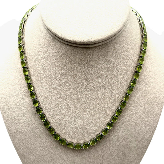 52 CTW Oval Green Peridot Gemstone Sterling Silver Tennis Necklace 18 Inch JTV