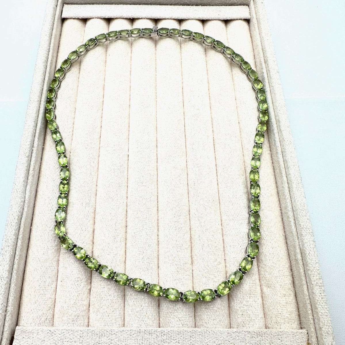 52 CTW Oval Green Peridot Gemstone Sterling Silver Tennis Necklace 18 Inch JTV