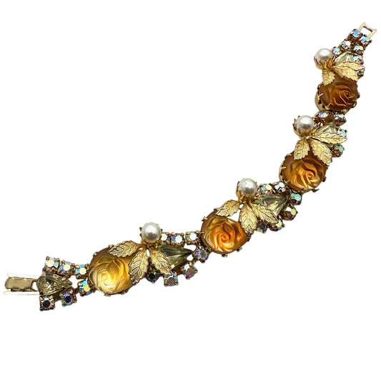 Vintage Juliana? Yellow Orange Givre Glass Rhinestone Gold Tone 7.25" Bracelet