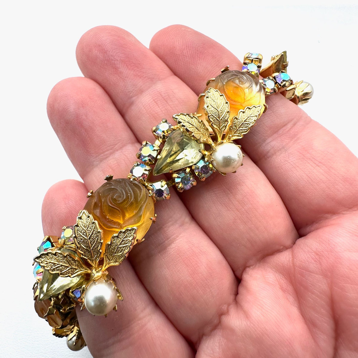 Vintage Juliana? Yellow Orange Givre Glass Rhinestone Gold Tone 7.25" Bracelet