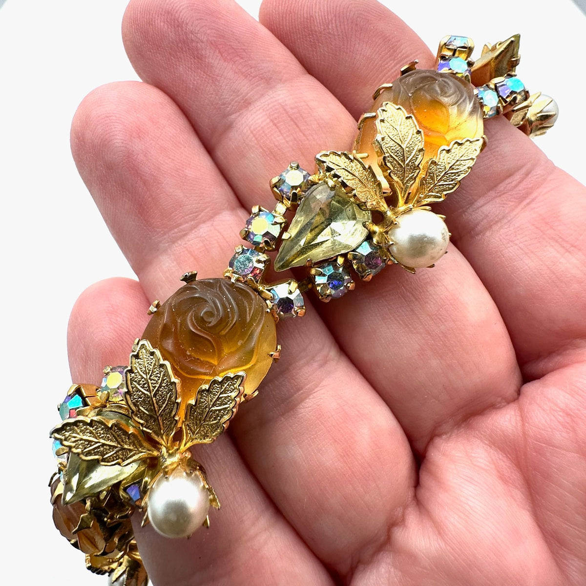 Vintage Juliana? Yellow Orange Givre Glass Rhinestone Gold Tone 7.25" Bracelet