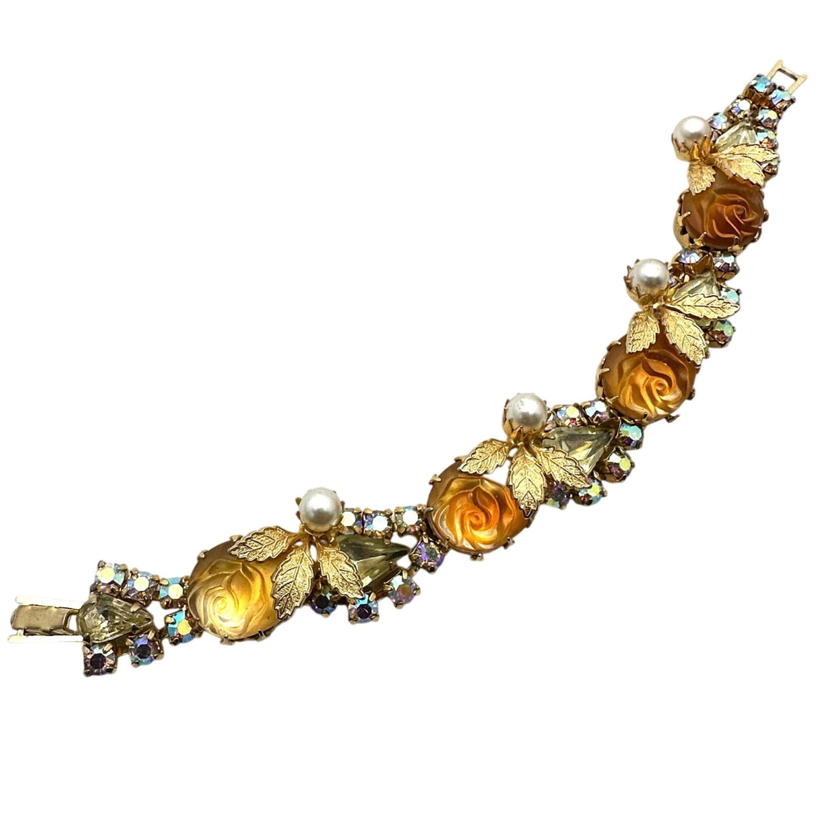 Vintage Juliana? Yellow Orange Givre Glass Rhinestone Gold Tone 7.25" Bracelet