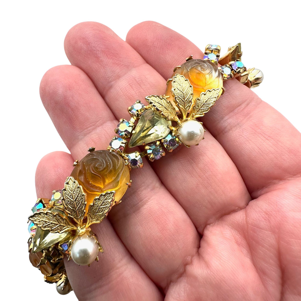 Vintage Juliana? Yellow Orange Givre Glass Rhinestone Gold Tone 7.25" Bracelet