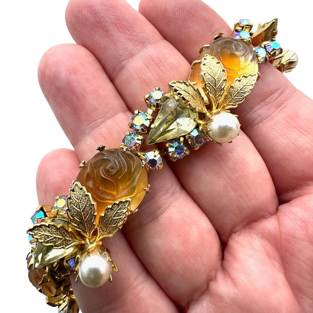 Vintage Juliana? Yellow Orange Givre Glass Rhinestone Gold Tone 7.25" Bracelet