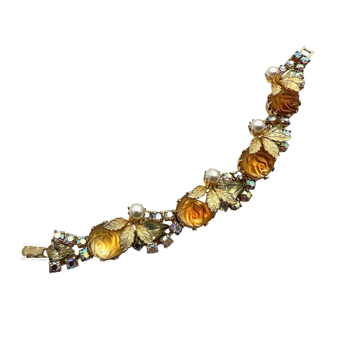 Vintage Juliana? Yellow Orange Givre Glass Rhinestone Gold Tone 7.25" Bracelet