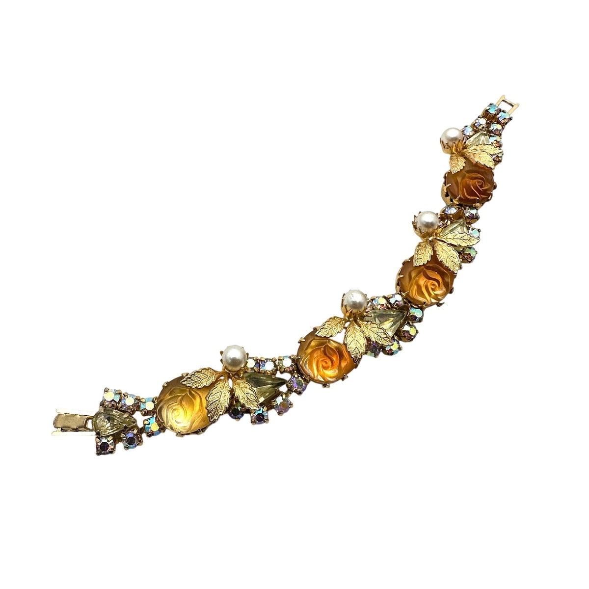Vintage Juliana? Yellow Orange Givre Glass Rhinestone Gold Tone 7.25" Bracelet