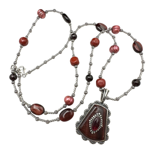 Carolyn Pollack Red Tigers Eye Pearl Sterling Silver Pendant Necklace 36"