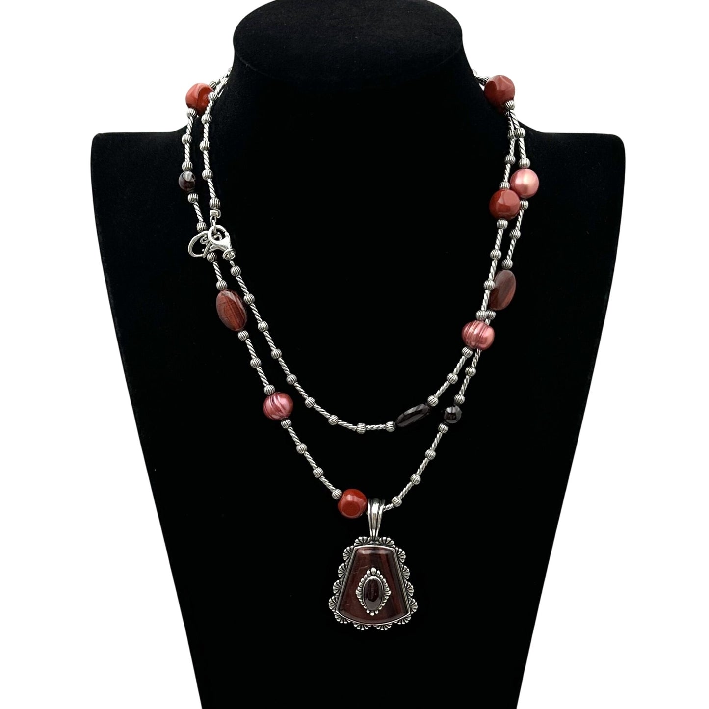 Carolyn Pollack Red Tigers Eye Pearl Sterling Silver Pendant Necklace 36"