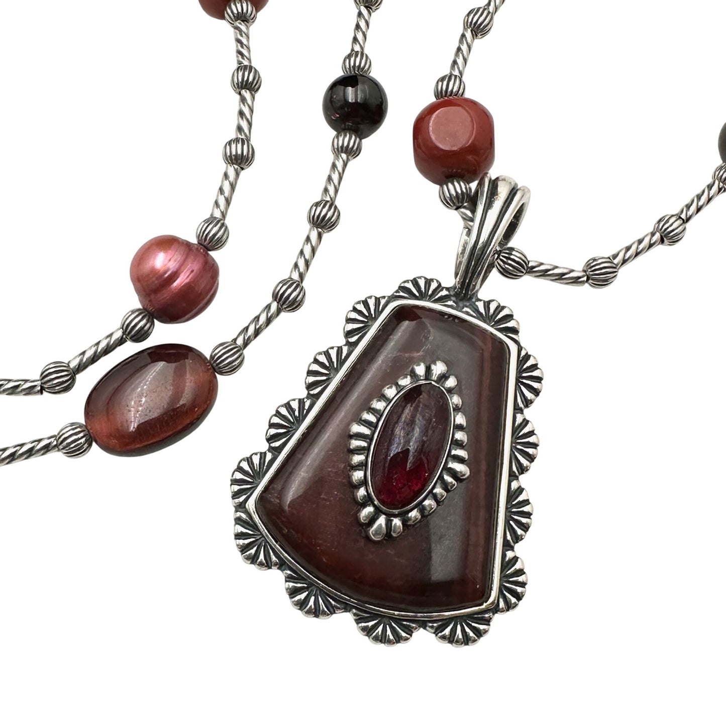 Carolyn Pollack Red Tigers Eye Pearl Sterling Silver Pendant Necklace 36"